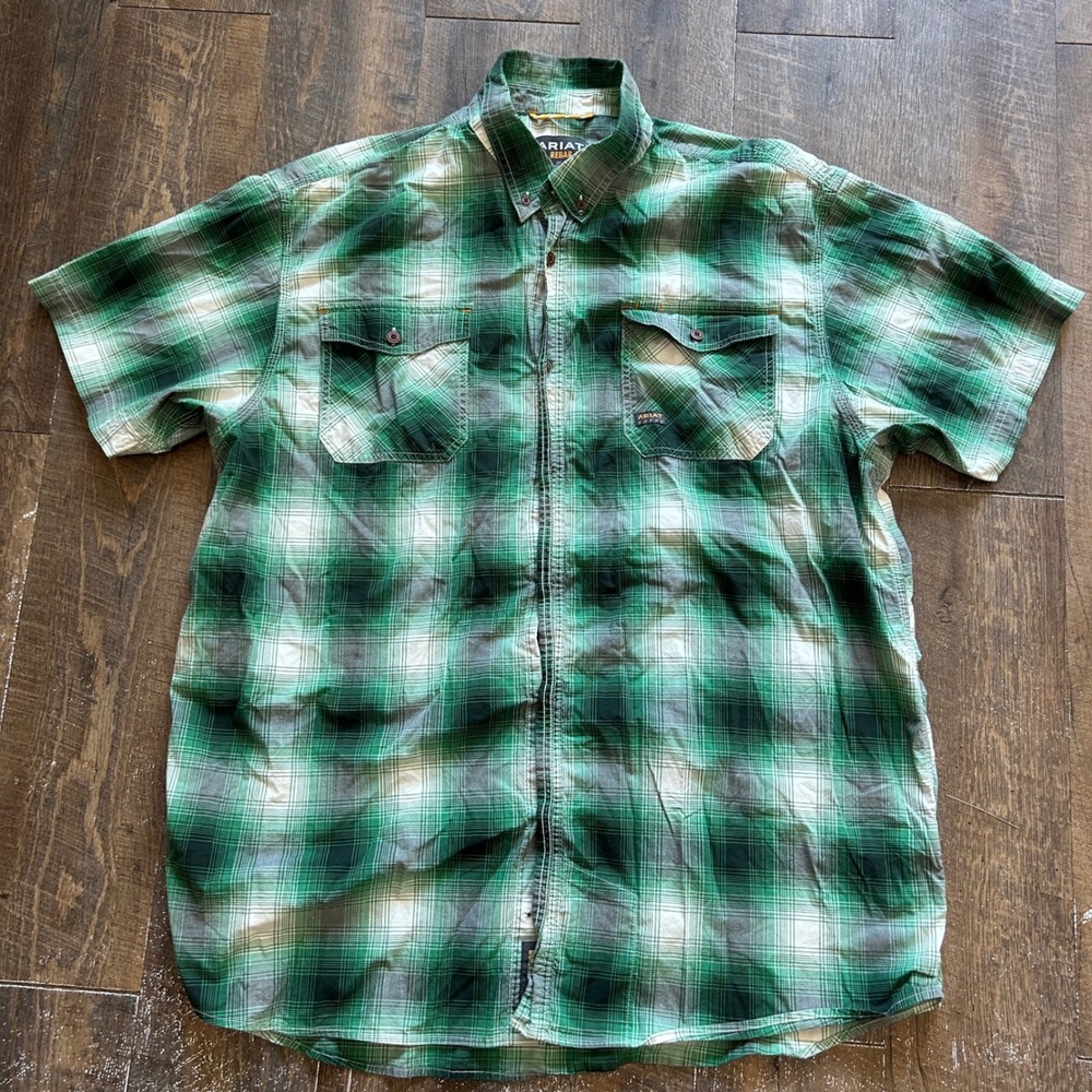 Ariat Rebar Mens XXL Green Plaid Short Sleeve Button Down Work Shirt Tough